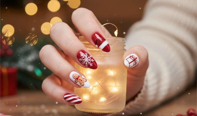 Red and White Christmas Nails